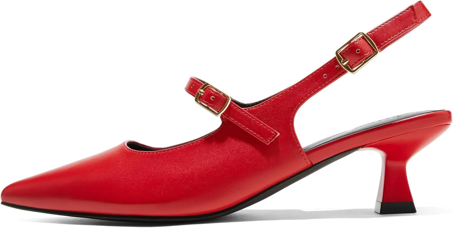 Arromic Women's Slingback Kitten Heel Pumps 2 Inch Mary Jane Strap Pointed Toe Dress Shoes for Wedding Work Daily Wear (Black/Nude/Red/Silver/White)