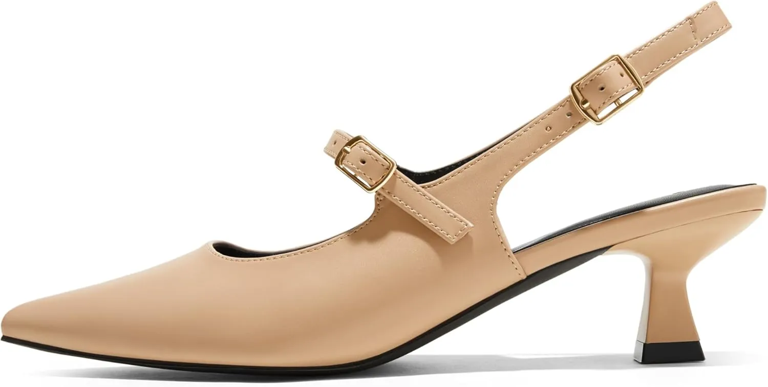 Arromic Women's Slingback Kitten Heel Pumps 2 Inch Mary Jane Strap Pointed Toe Dress Shoes for Wedding Work Daily Wear (Black/Nude/Red/Silver/White)