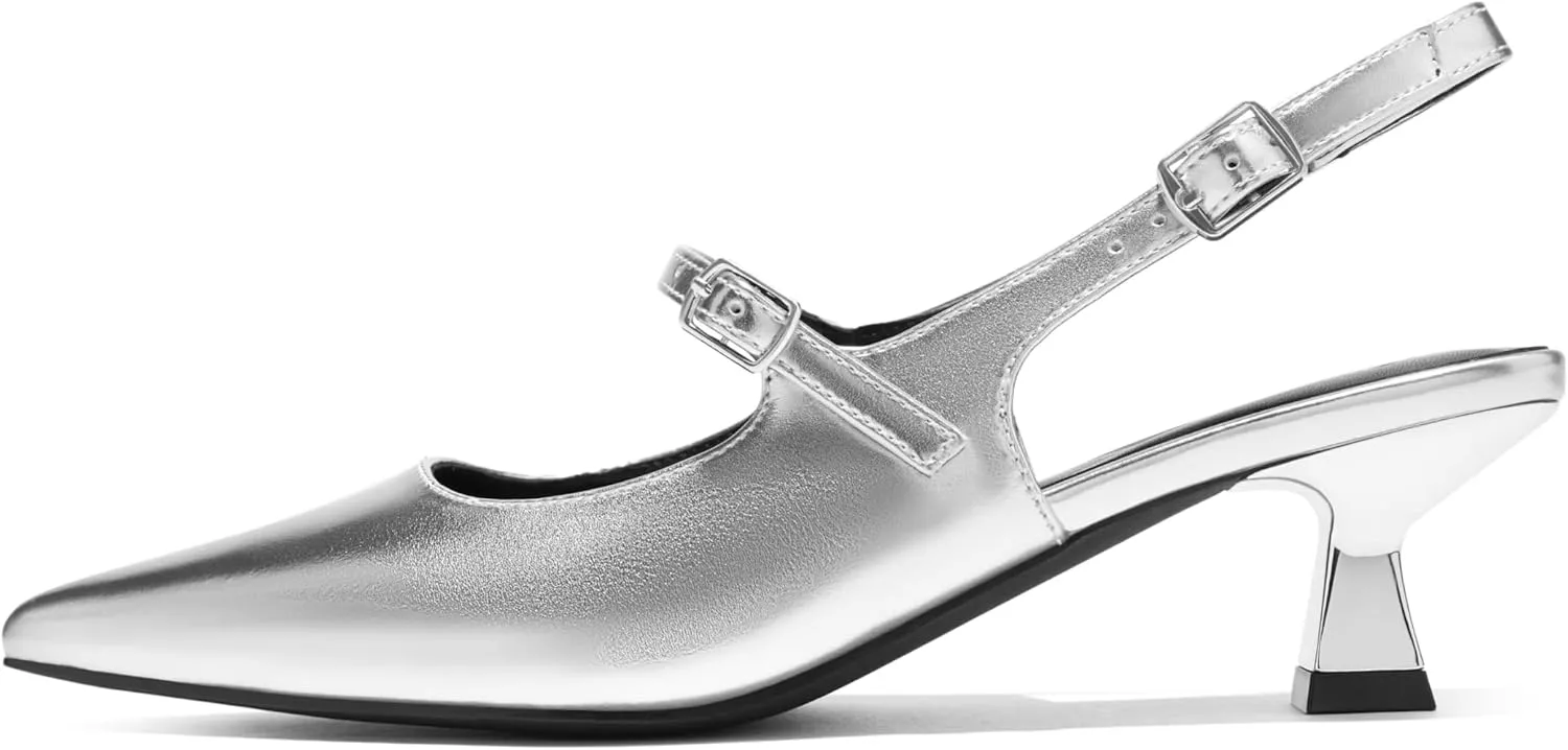 Arromic Women's Slingback Kitten Heel Pumps 2 Inch Mary Jane Strap Pointed Toe Dress Shoes for Wedding Work Daily Wear (Black/Nude/Red/Silver/White)
