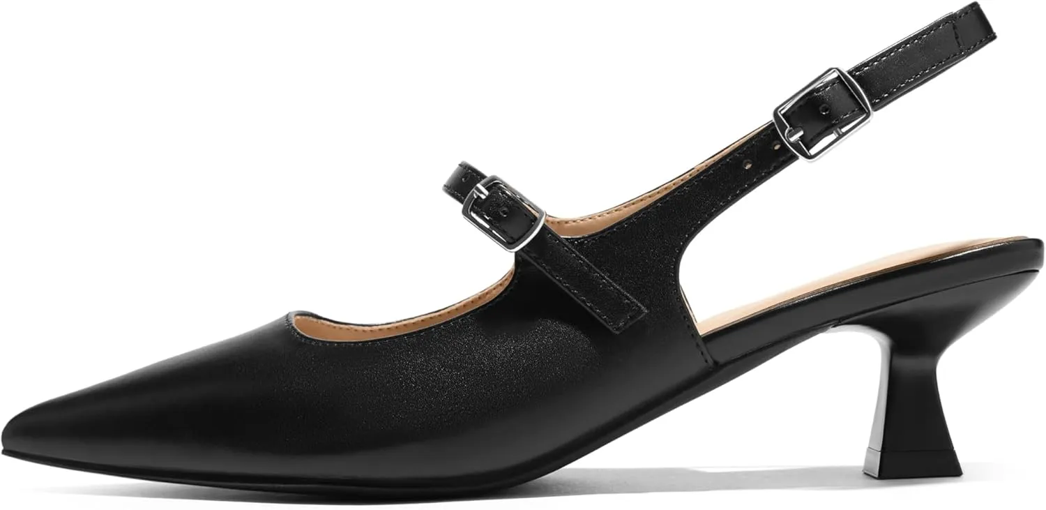 Arromic Women's Slingback Kitten Heel Pumps 2 Inch Mary Jane Strap Pointed Toe Dress Shoes for Wedding Work Daily Wear (Black/Nude/Red/Silver/White)