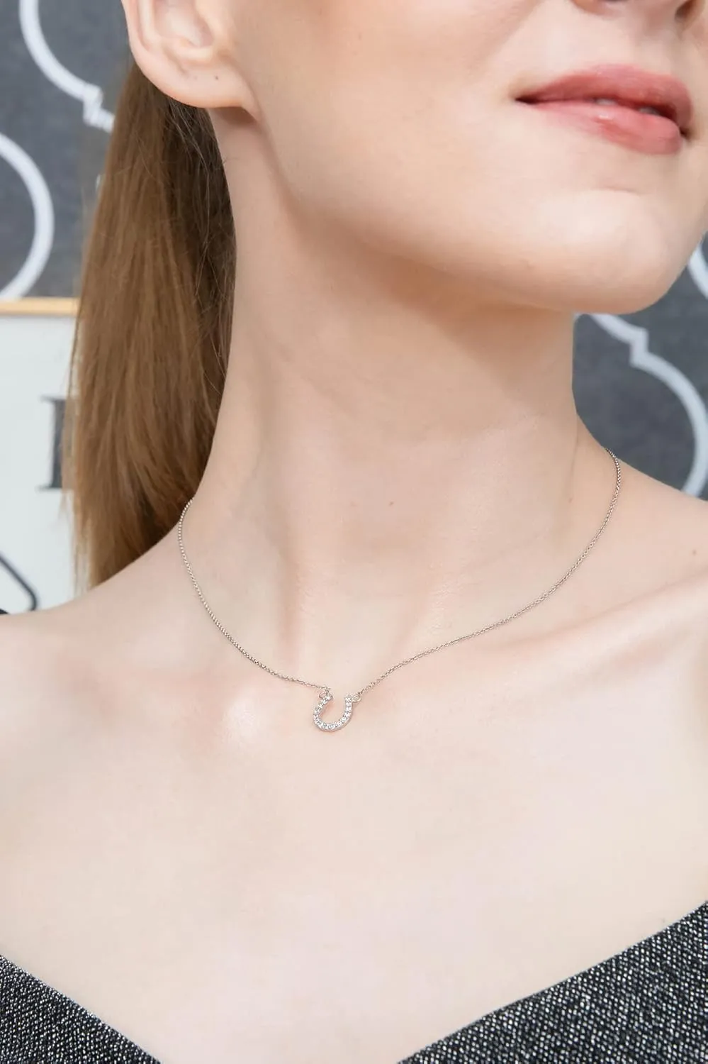 B. BRILLIANT Sterling Silver Necklace for Women Short Cubic Zirconia Horseshoe Necklaces for Stacking Holiday Birthday