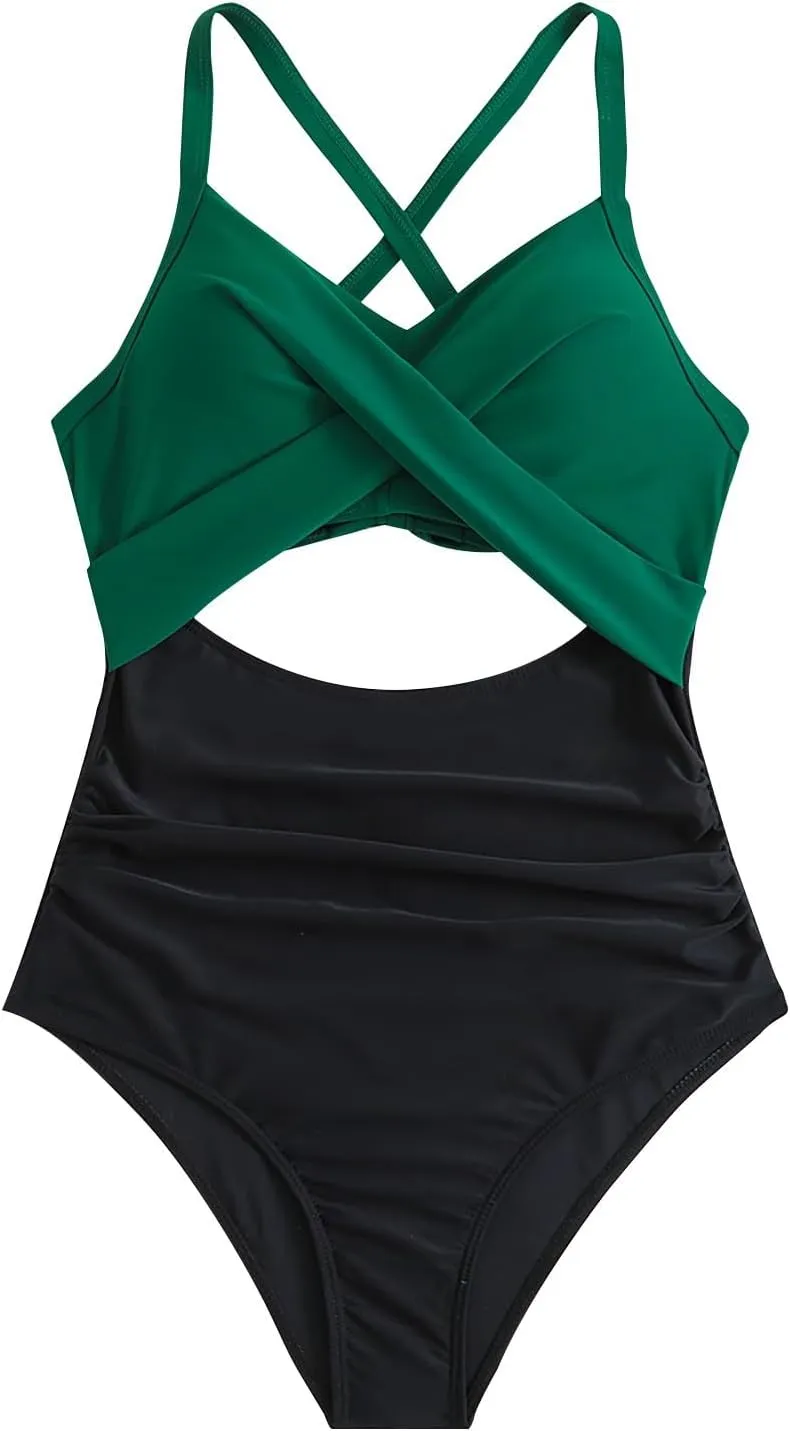 Bathing Suit for Women One Piece Tummy Control Keyhole Swimwear Sexy V Neck Bathing Suit Crisscross Back Self Tie