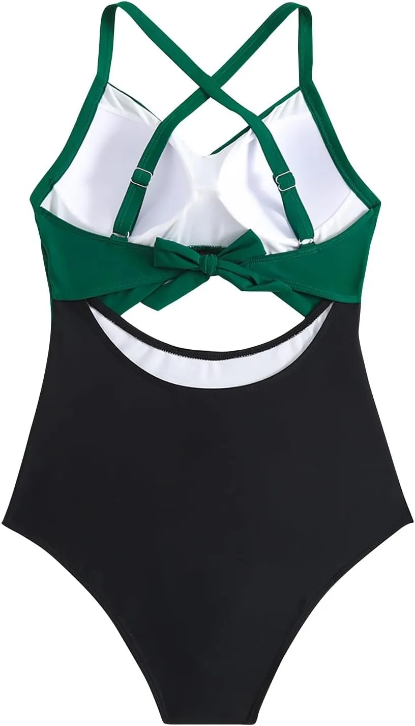 Bathing Suit for Women One Piece Tummy Control Keyhole Swimwear Sexy V Neck Bathing Suit Crisscross Back Self Tie