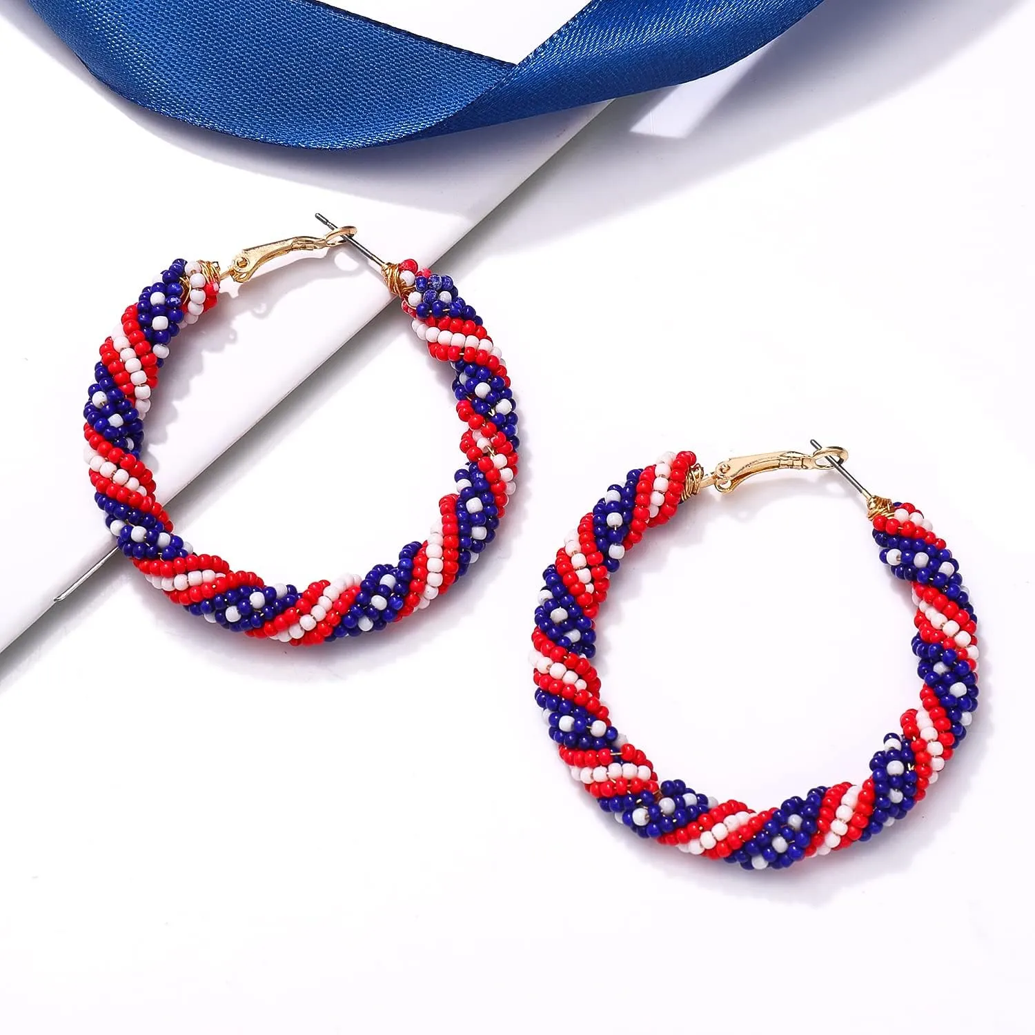 Beaded Hoop Earrings for Women Mixed Color Bead Dangle Earrings Bohemia Hoop Dangle Earring Studs for Women