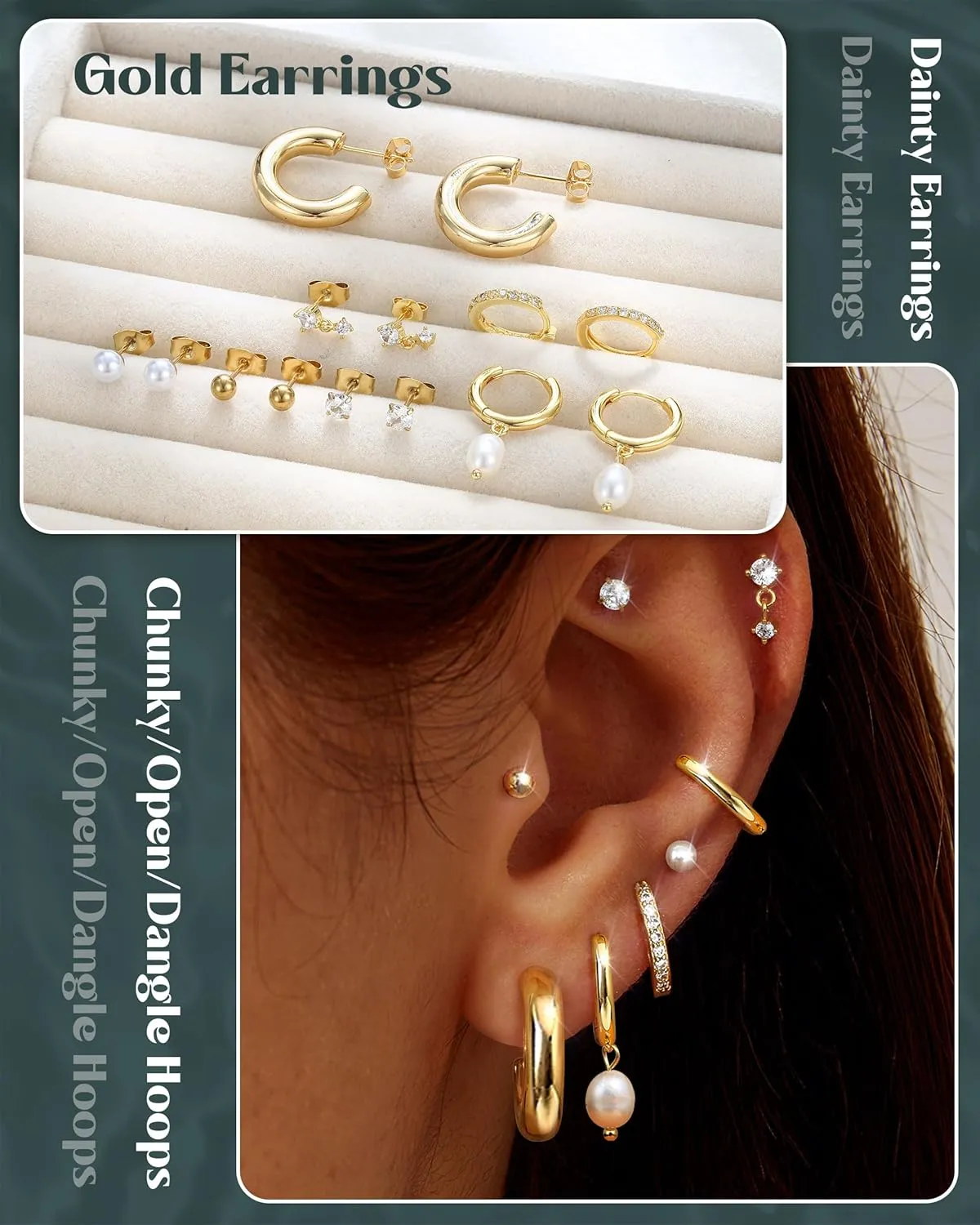 BESTEEL 14Pairs Small Gold Hoop Earrings Set for Women - 14K Gold Plated Hypoallergenic Lightweight Chunky Open Huggie Hoops Dainty Cartilage Stud Hoop Earring Stacks for Multiple Piercing