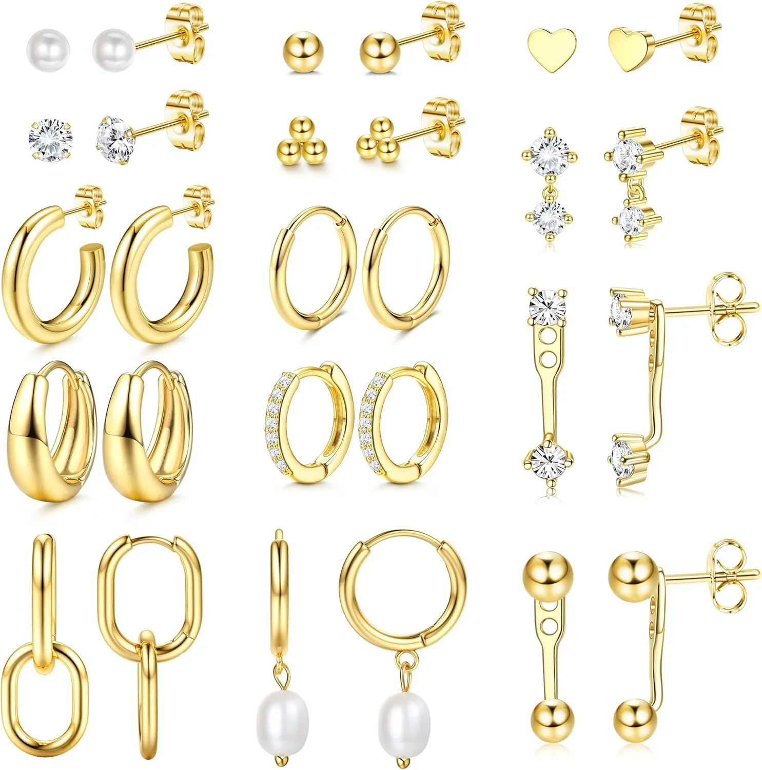 BESTEEL 14Pairs Small Gold Hoop Earrings Set for Women - 14K Gold Plated Hypoallergenic Lightweight Chunky Open Huggie Hoops Dainty Cartilage Stud Hoop Earring Stacks for Multiple Piercing