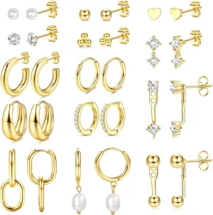 BESTEEL 14Pairs Small Gold Hoop Earrings Set for Women - 14K Gold Plated Hypoallergenic Lightweight Chunky Open Huggie Hoops Dainty Cartilage Stud Hoop Earring Stacks for Multiple Piercing