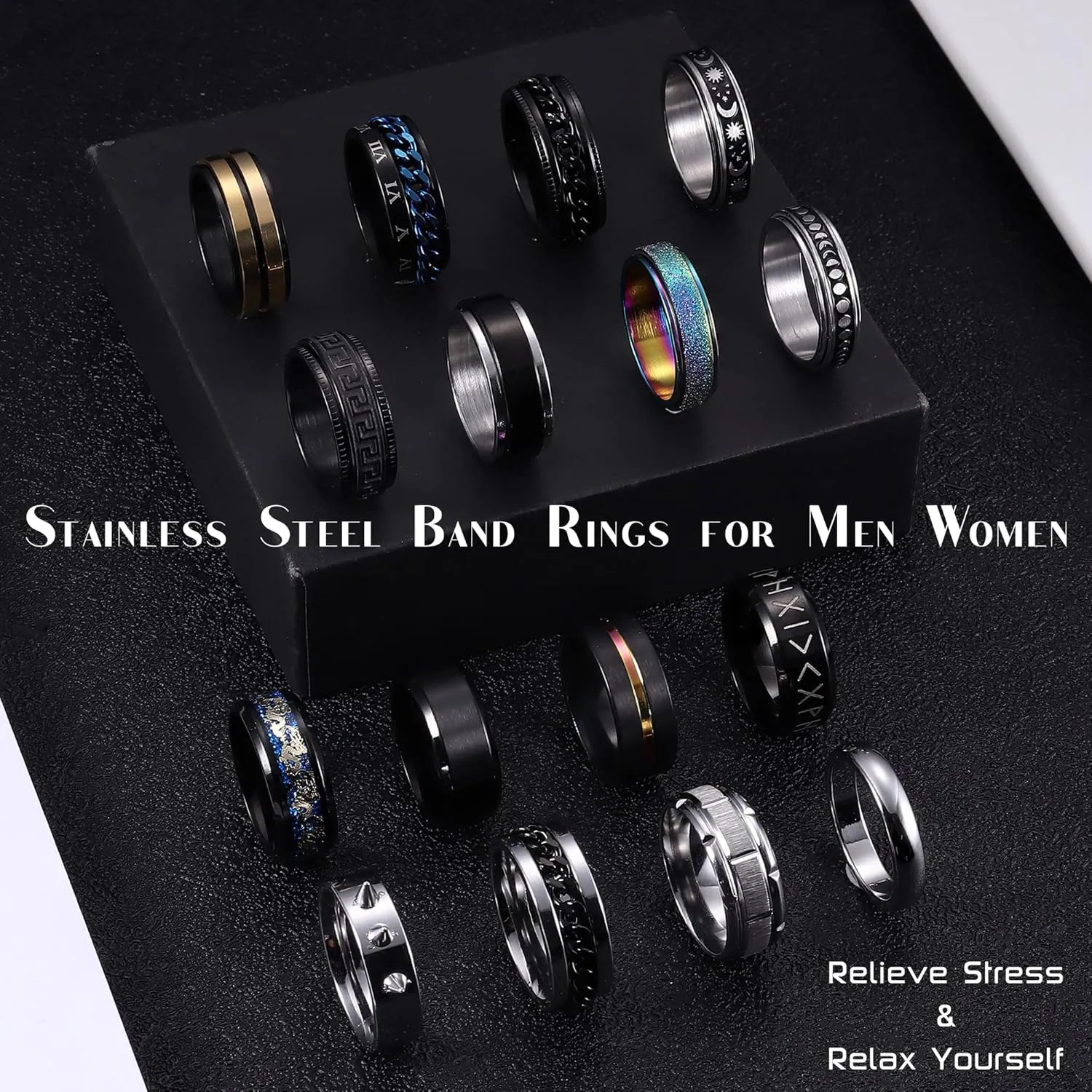 Besteel 16 Pcs Surgical Stainless Steel Band Rings for Men Women Fidget Rings Spinner Rings for Anxiety Relief Band Rings Wedding Pormise Engagement Rings Set Size 7-13