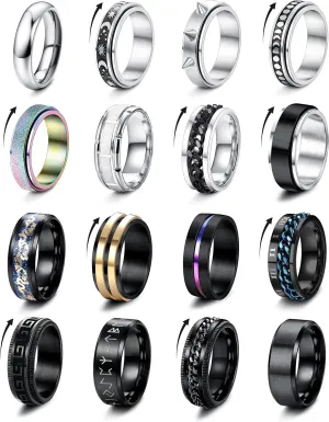 Besteel 16 Pcs Surgical Stainless Steel Band Rings for Men Women Fidget Rings Spinner Rings for Anxiety Relief Band Rings Wedding Pormise Engagement Rings Set Size 7-13