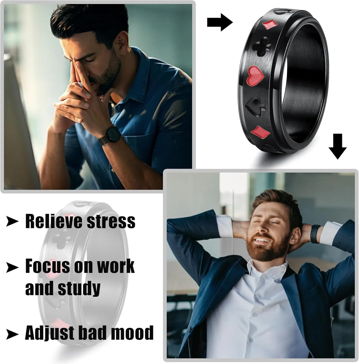 Besteel 16Pcs Stainless Steel Fidget Rings for Men Women Stress Anxiety Relief Rings Black Cool Chain Band Spinner Rings Set for Wedding Promise Mens Rings Pack