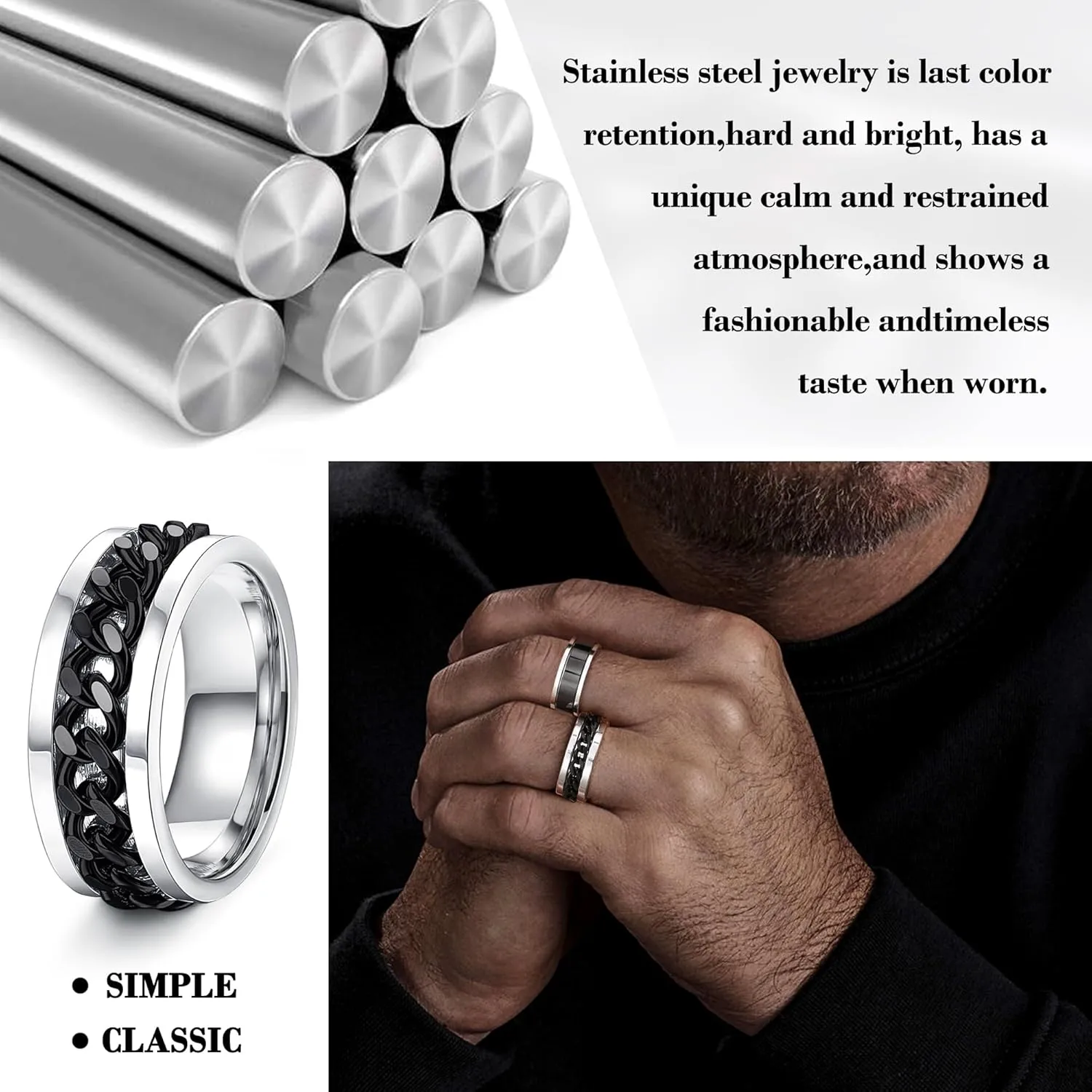 Besteel 16Pcs Stainless Steel Fidget Rings for Men Women Stress Anxiety Relief Rings Black Cool Chain Band Spinner Rings Set for Wedding Promise Mens Rings Pack