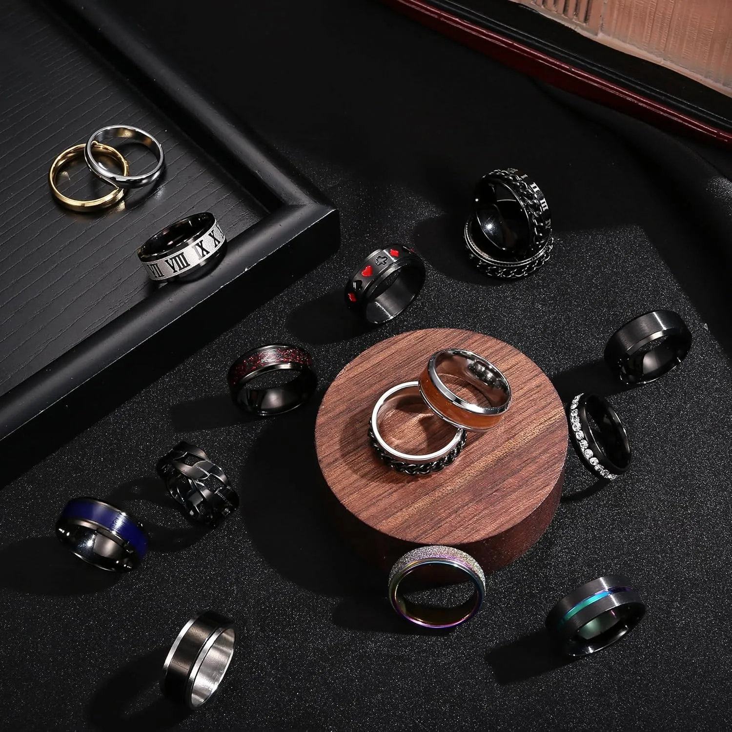 Besteel 16Pcs Stainless Steel Fidget Rings for Men Women Stress Anxiety Relief Rings Black Cool Chain Band Spinner Rings Set for Wedding Promise Mens Rings Pack