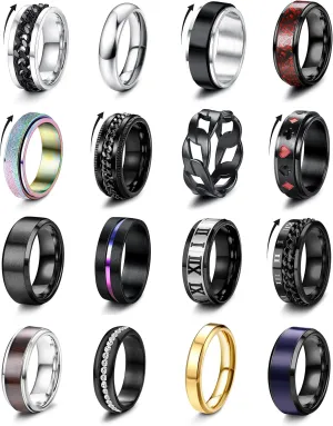 Besteel 16Pcs Stainless Steel Fidget Rings for Men Women Stress Anxiety Relief Rings Black Cool Chain Band Spinner Rings Set for Wedding Promise Mens Rings Pack
