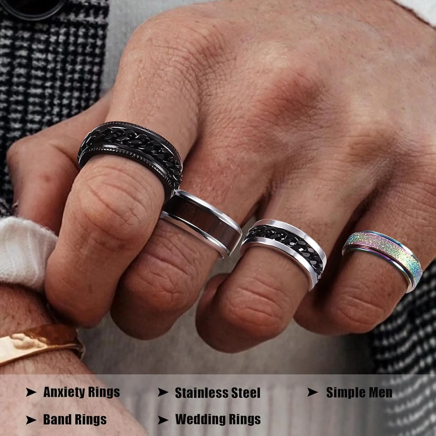Besteel 16Pcs Stainless Steel Fidget Rings for Men Women Stress Anxiety Relief Rings Black Cool Chain Band Spinner Rings Set for Wedding Promise Mens Rings Pack