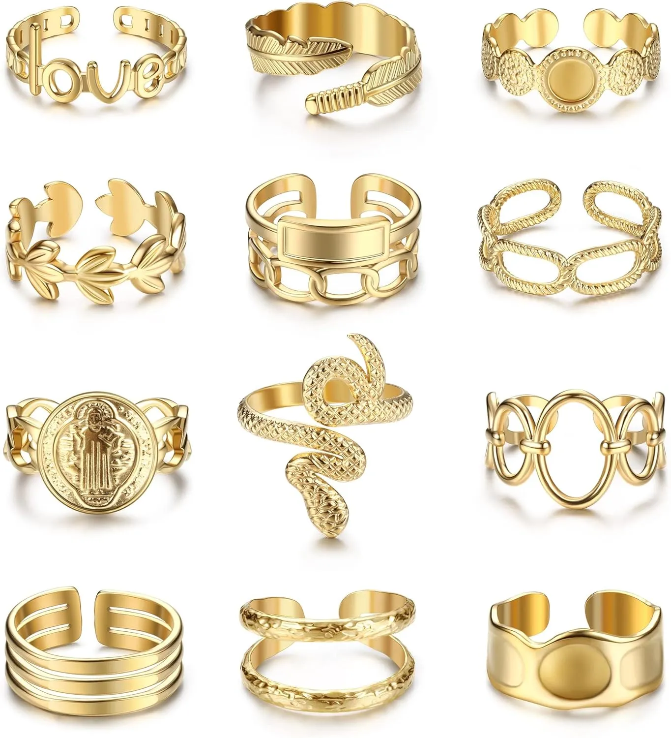 Besteel 18K Gold Plated Rings for Women, Stainless Steel Statement Rings Pack Stacking Boho Midi Rings Adjustable Open Ring Band Twisted Signet Rings Non Tarnish Gold Rings