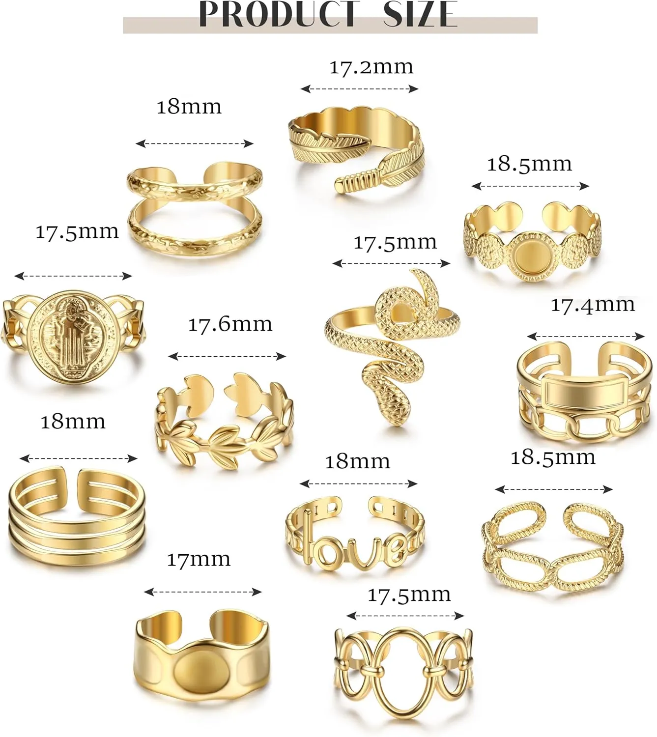 Besteel 18K Gold Plated Rings for Women, Stainless Steel Statement Rings Pack Stacking Boho Midi Rings Adjustable Open Ring Band Twisted Signet Rings Non Tarnish Gold Rings