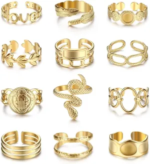 Besteel 18K Gold Plated Rings for Women, Stainless Steel Statement Rings Pack Stacking Boho Midi Rings Adjustable Open Ring Band Twisted Signet Rings Non Tarnish Gold Rings