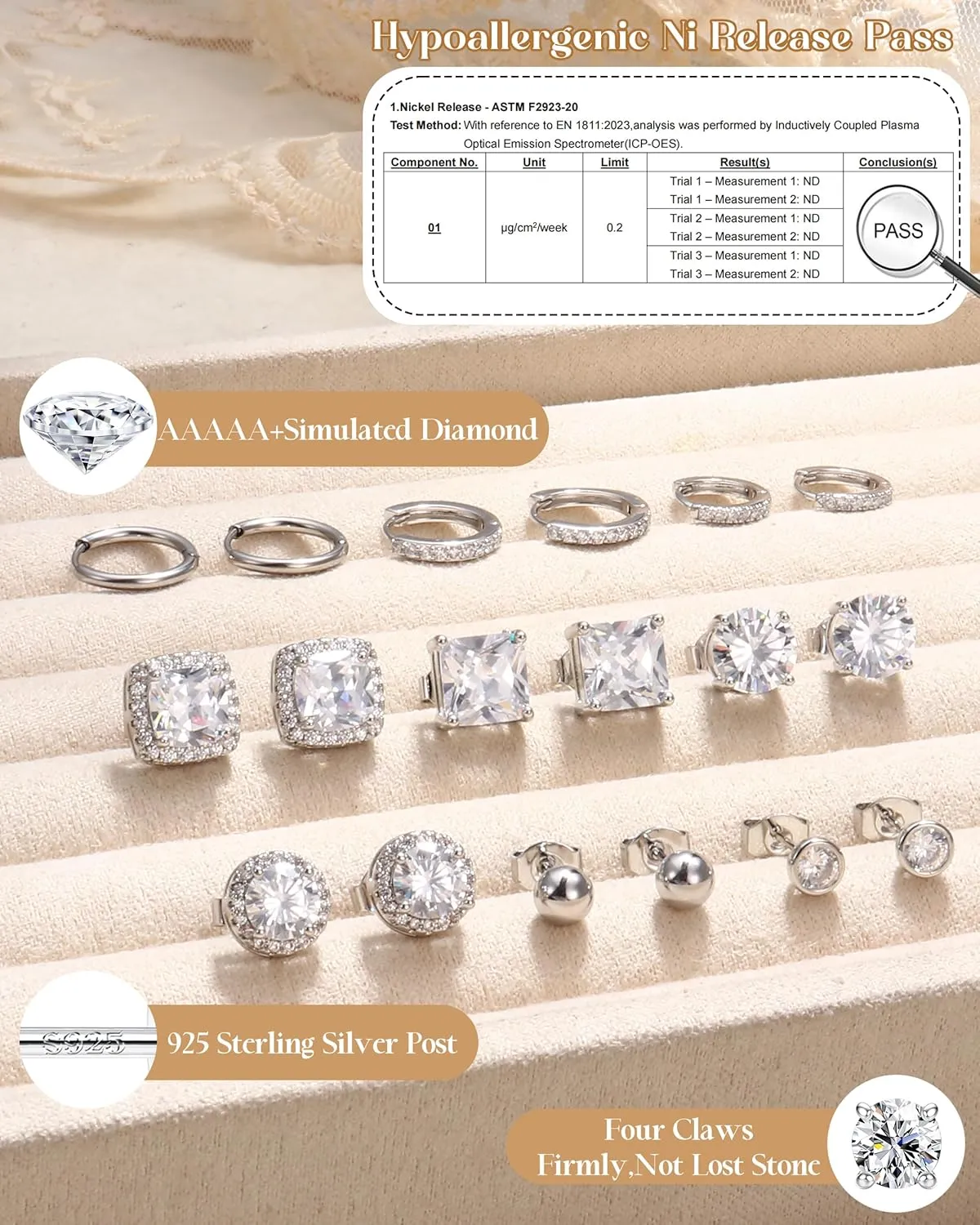 BESTEEL S925 Sterling Silver Stud Earrings for Women Men - Hypoallergenic 18K Gold Plated Hoop Earring Big Round Square Simulated Diamond Halo Studs Earrings for Sensitive Ears