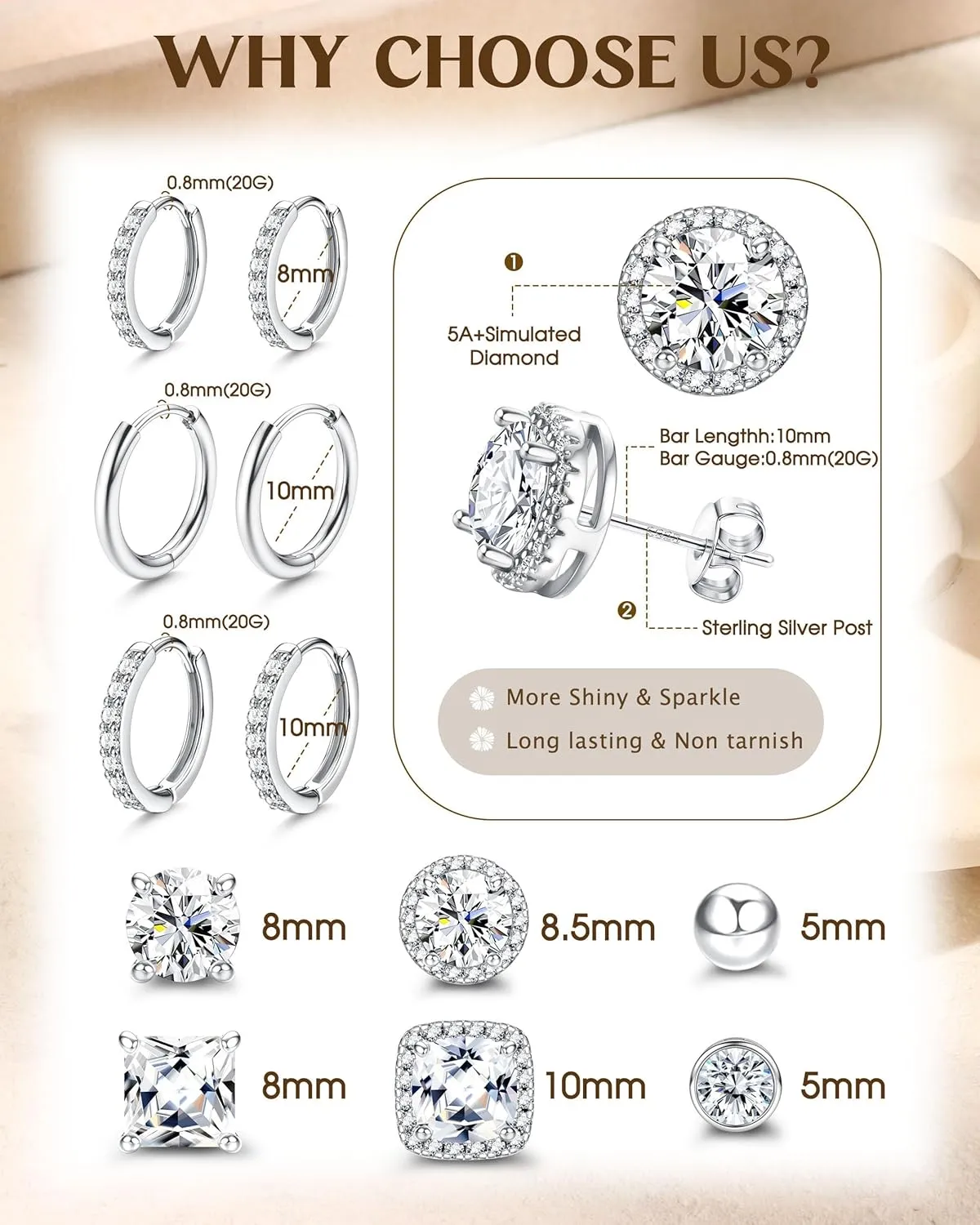 BESTEEL S925 Sterling Silver Stud Earrings for Women Men - Hypoallergenic 18K Gold Plated Hoop Earring Big Round Square Simulated Diamond Halo Studs Earrings for Sensitive Ears