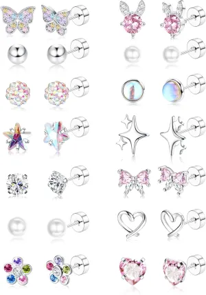 BESTEEL Silver Hypoallergenic Earrings for Girls Ages 8-12, Screw Back Stud Earrings for Kids, Cute Flat Back Surgical Steel Earring for Little Girl Sensitive Ears, Tiny Screwback Toddler Earrings Set