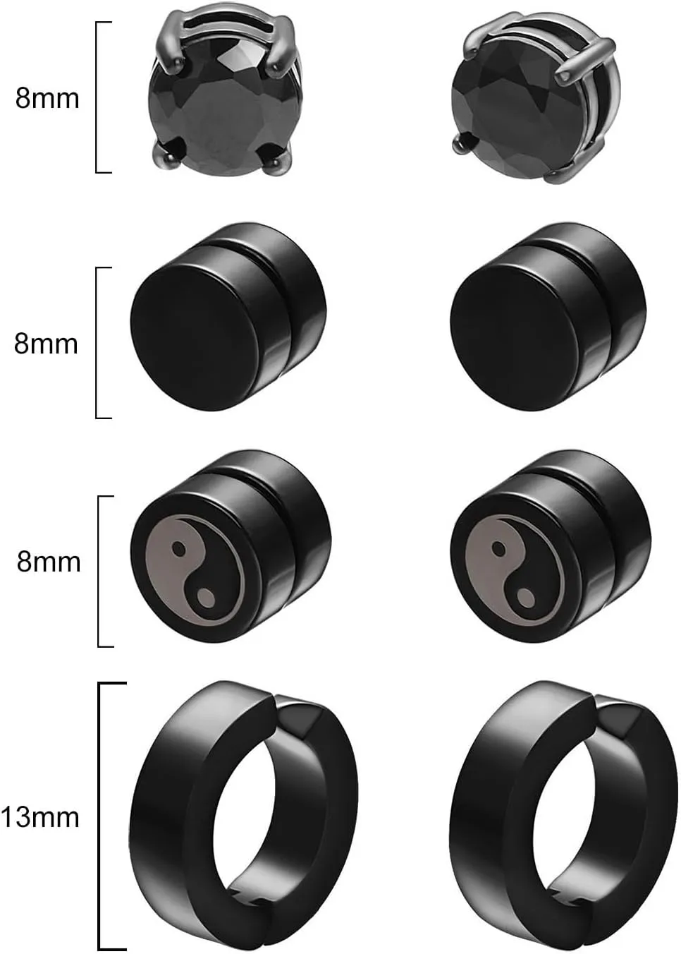 Black CZ Stud Earrings For Men Hypoallergenic Stainless Steel Multicolor False Earrings Set Crystal Jewelry