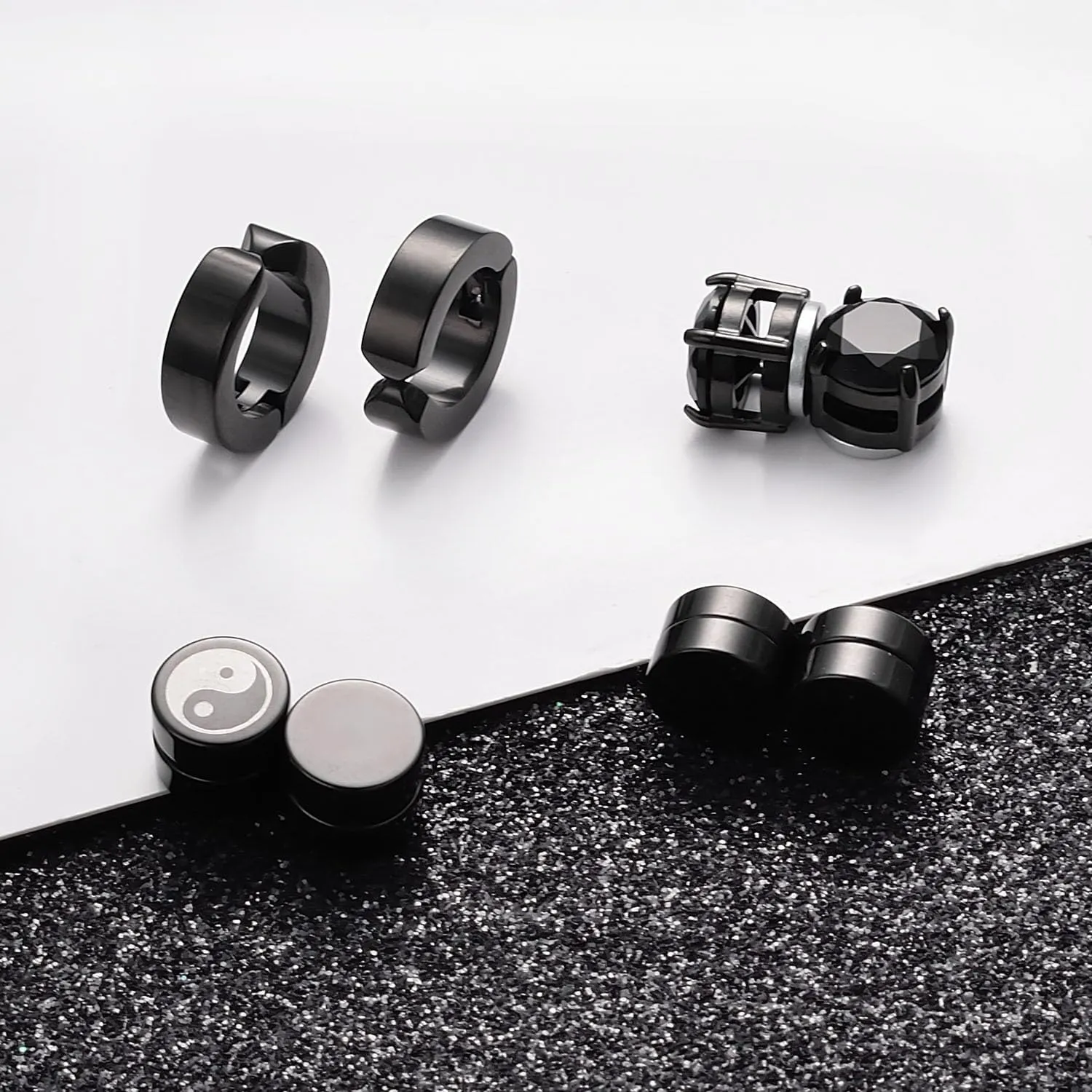 Black CZ Stud Earrings For Men Hypoallergenic Stainless Steel Multicolor False Earrings Set Crystal Jewelry