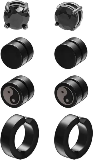 Black CZ Stud Earrings For Men Hypoallergenic Stainless Steel Multicolor False Earrings Set Crystal Jewelry