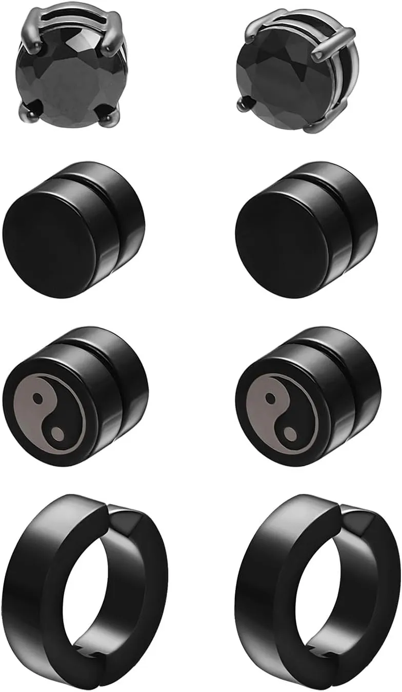 Black CZ Stud Earrings For Men Hypoallergenic Stainless Steel Multicolor False Earrings Set Crystal Jewelry
