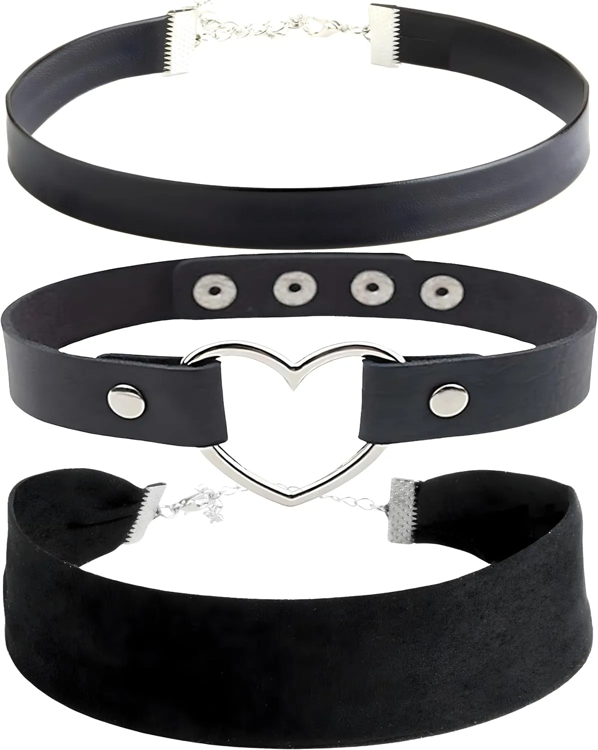 Black Leather, Velvet, Heart Pendant Choker 90s Accessories Goth Style Classic Punk Gothic Neck Collar Choker Necklace for Women and Men, Pack of 3
