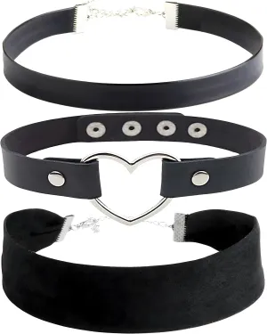 Black Leather, Velvet, Heart Pendant Choker 90s Accessories Goth Style Classic Punk Gothic Neck Collar Choker Necklace for Women and Men, Pack of 3
