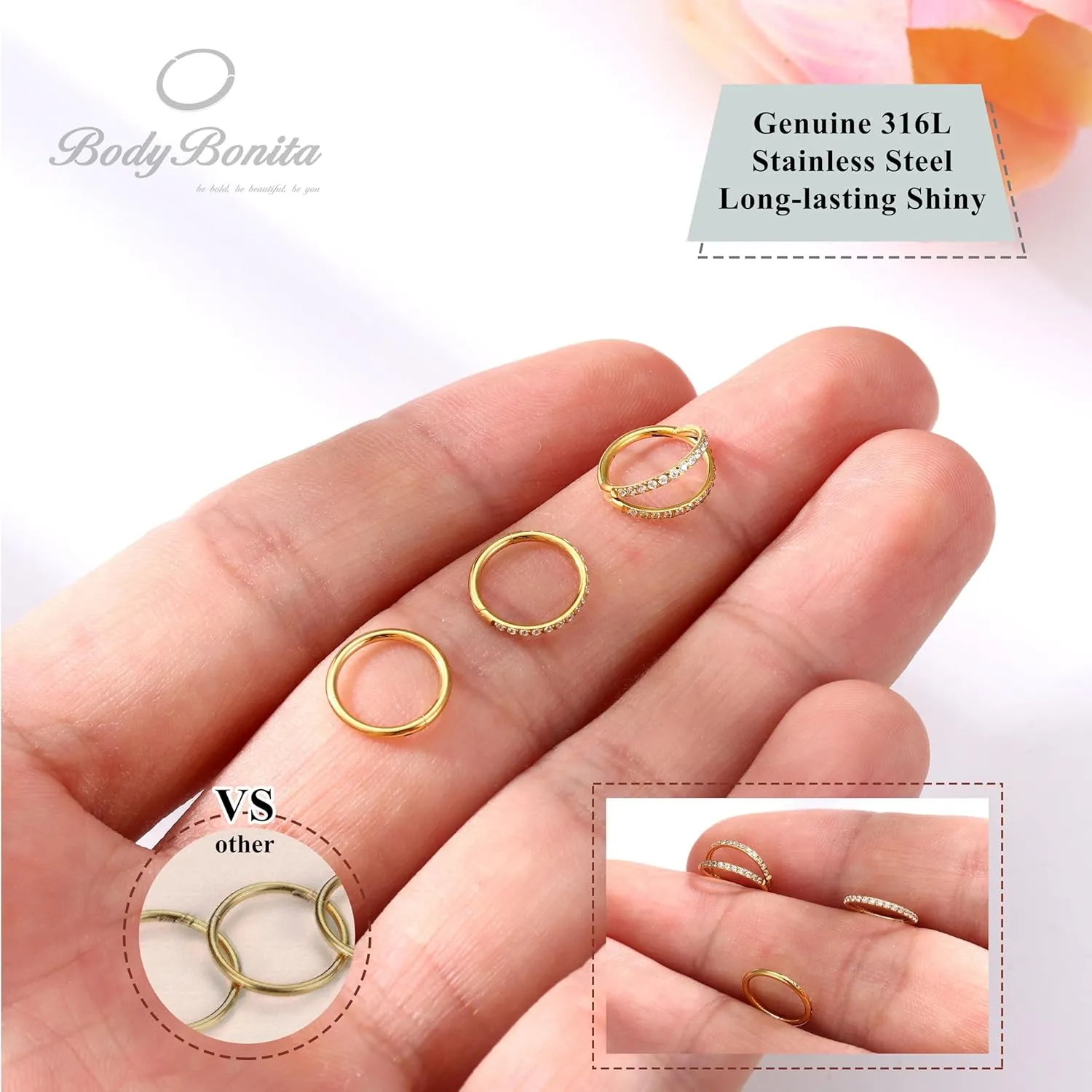 BodyBonita 3pcs 16G/18G/20G Nose Rings 316L Surgical Steel Triple/Double Hoop CZ Septum Cartilage Earring Helix Rook Tragus Conch Piercing Jewelry for Women Men 8 mm/10 mm