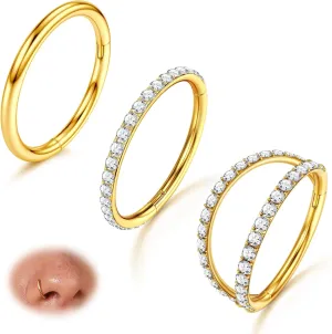 BodyBonita 3pcs 16G/18G/20G Nose Rings 316L Surgical Steel Triple/Double Hoop CZ Septum Cartilage Earring Helix Rook Tragus Conch Piercing Jewelry for Women Men 8 mm/10 mm