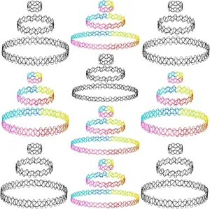 BodyJ4You 30PC Tattoo Choker Necklace Bracelet Ring - 90s Necklace 2000s Y2K Fashion Vintage - Stretchy Elastic Neck Lace Women's - Gothic Black Multicolor Rainbow - Simple Classic Fashion Trend