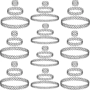 BodyJ4You 30PC Tattoo Choker Necklace Bracelet Ring - 90s Necklace 2000s Y2K Fashion Vintage - Stretchy Elastic Neck Lace Women's - Gothic Black Multicolor Rainbow - Simple Classic Fashion Trend