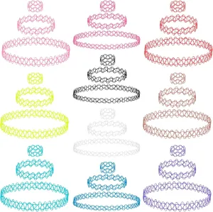 BodyJ4You 30PC Tattoo Choker Necklace Bracelet Ring - 90s Necklace 2000s Y2K Fashion Vintage - Stretchy Elastic Neck Lace Women's - Gothic Black Multicolor Rainbow - Simple Classic Fashion Trend