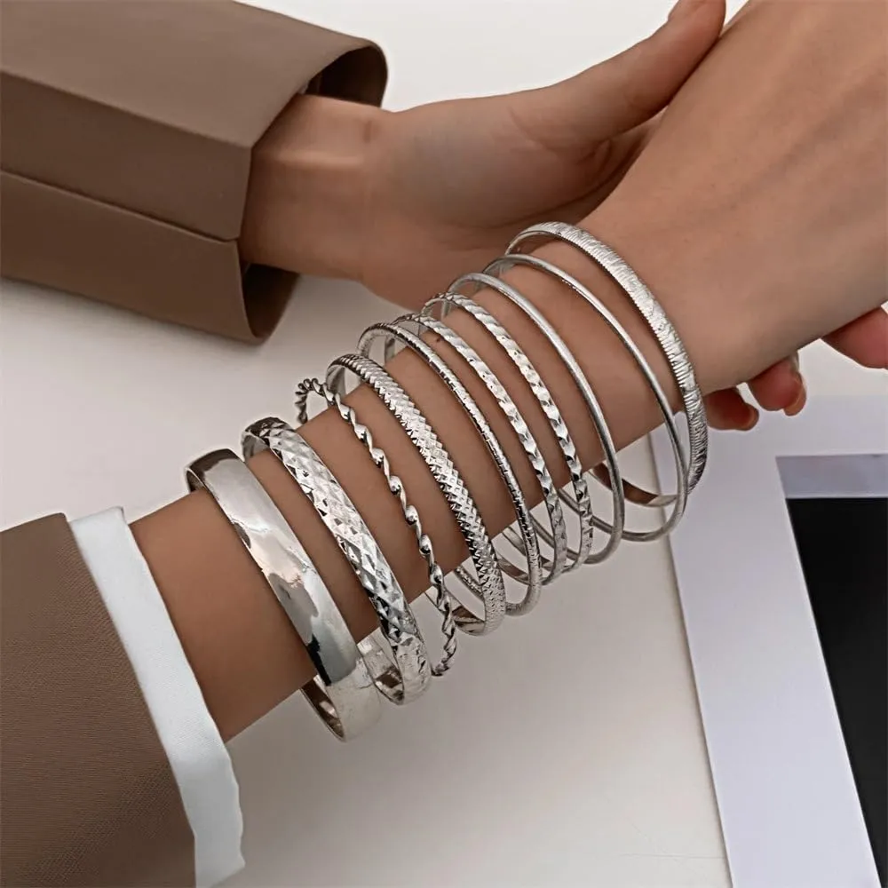 Bracelet For Women Gold Silver Tone Cuff Bracelets, Set of 10, Stackable Bangle Bracelets Set