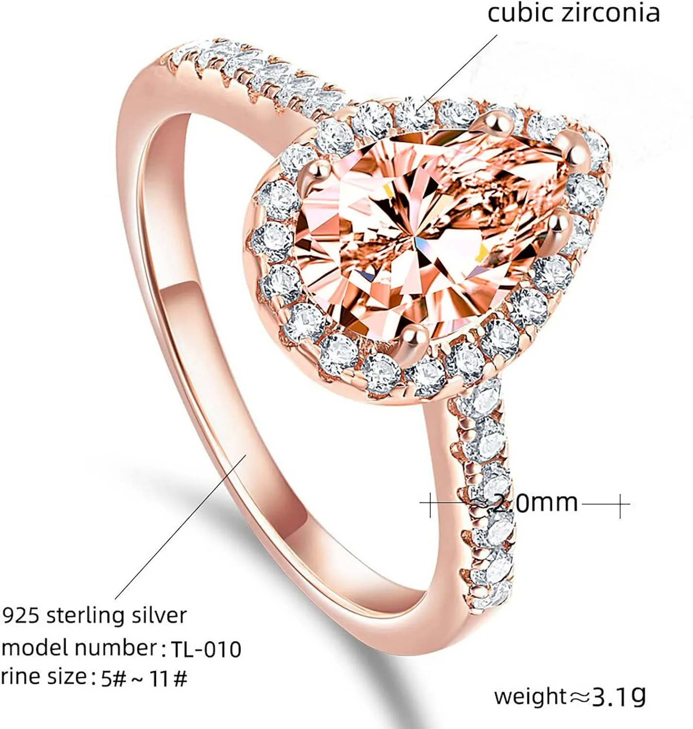 Bride Wedding Band Women's Teardrop-Shaped Zircon Ring Engagement Ring Simulated Diamond Proposal Ring (Rose Gold, 10)