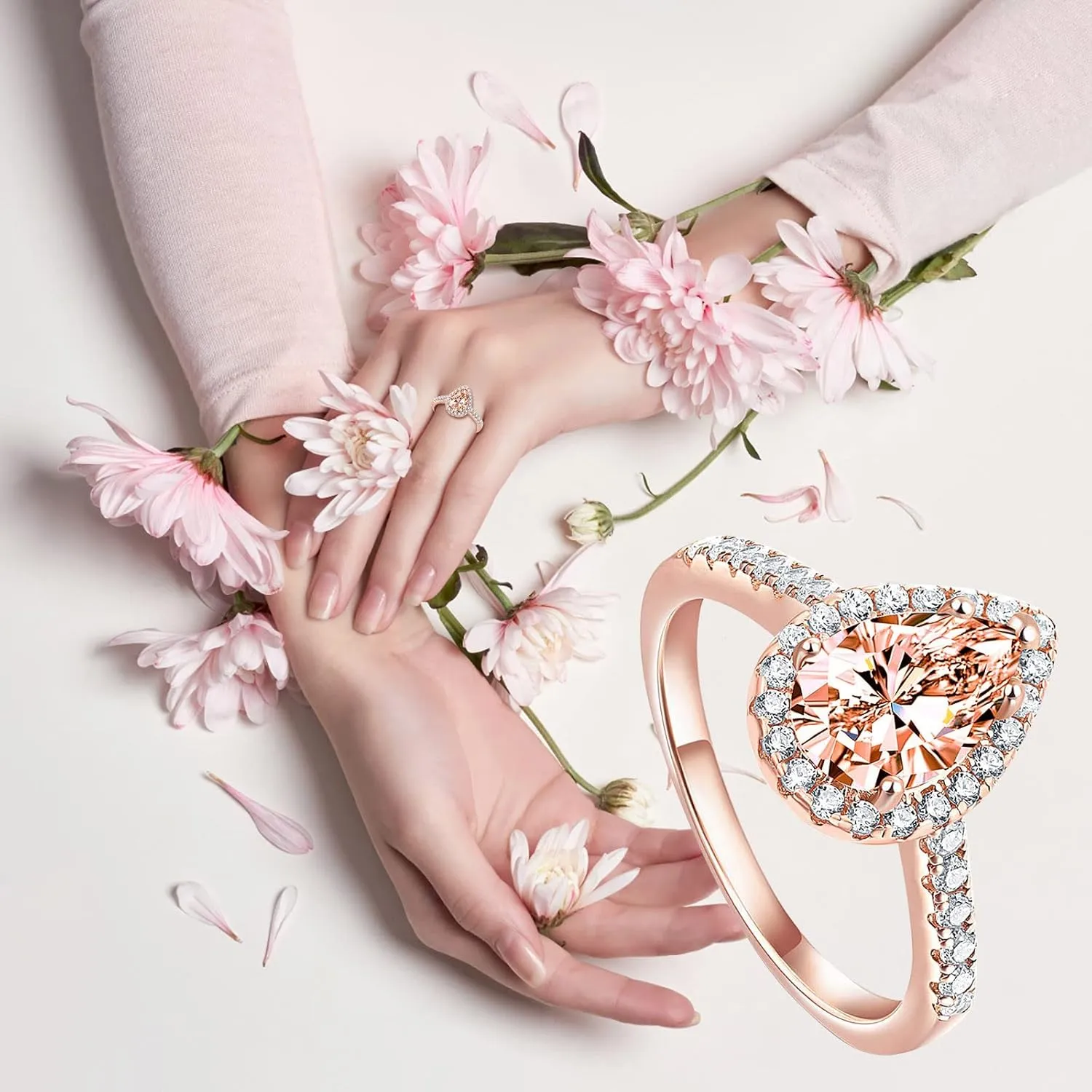 Bride Wedding Band Women's Teardrop-Shaped Zircon Ring Engagement Ring Simulated Diamond Proposal Ring (Rose Gold, 10)