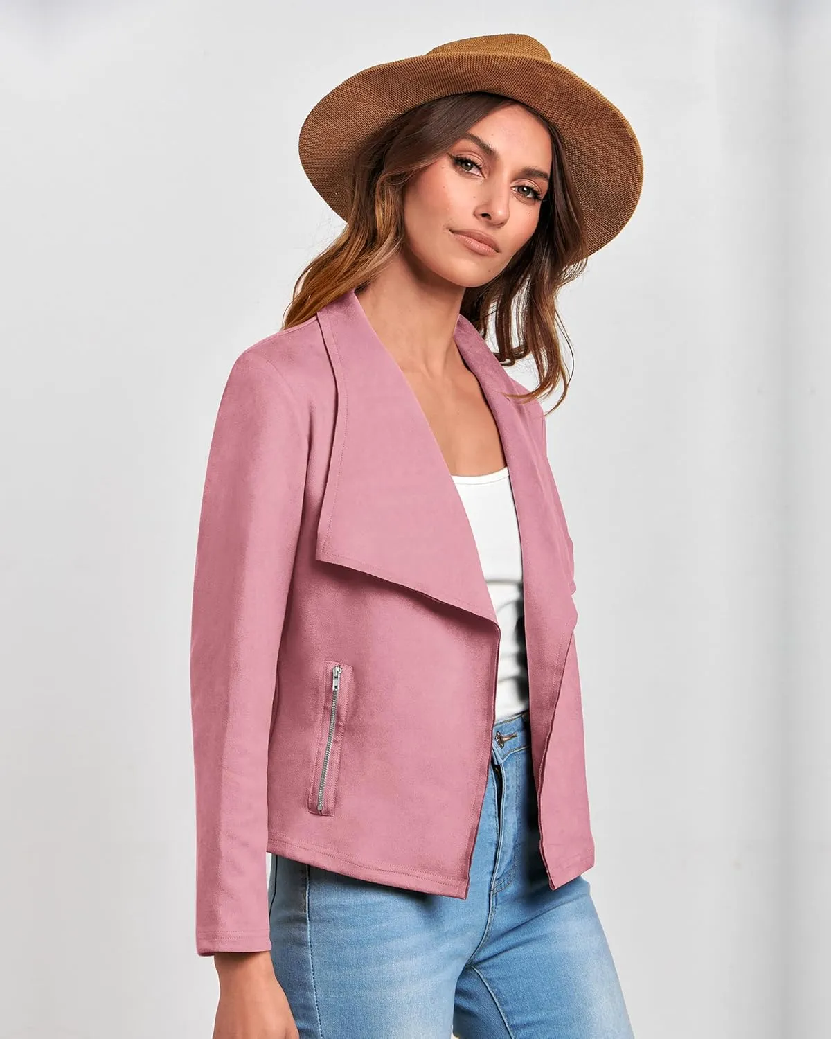 BTFBM Womens Faux Suede Jackets Dressy Spring Summer Clothes 2025 Lapel Long Sleeve Open Front Cropped Outerwear Coats