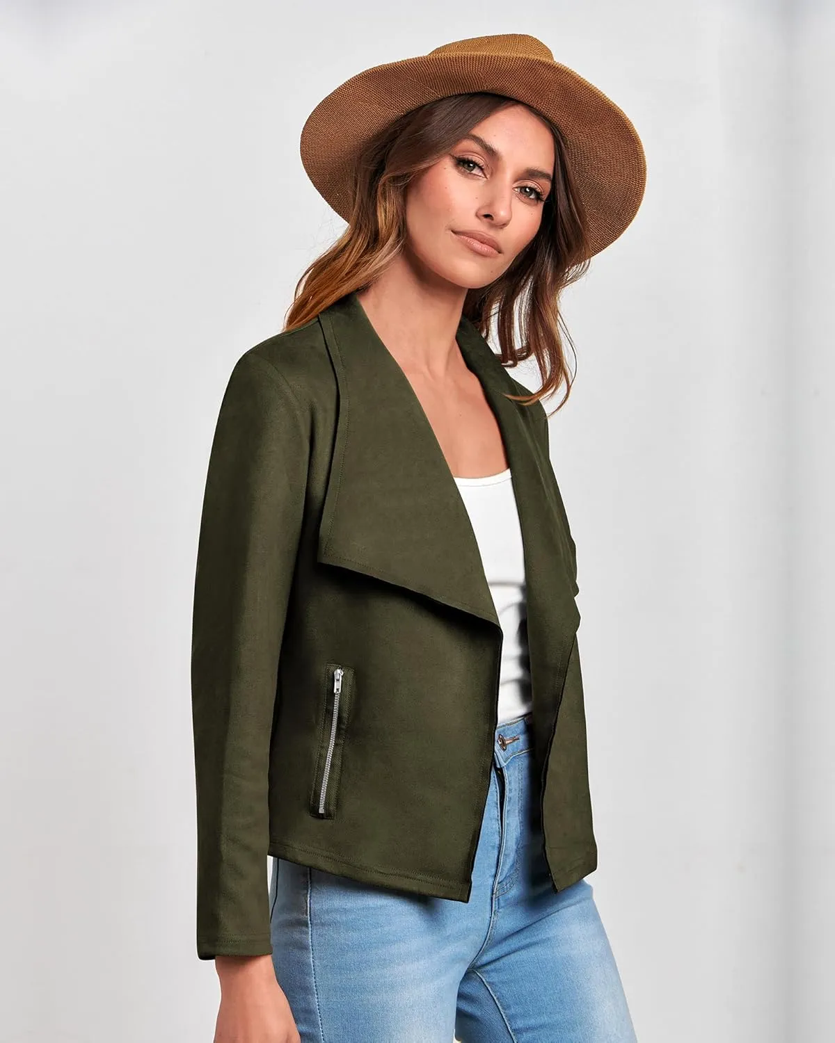 BTFBM Womens Faux Suede Jackets Dressy Spring Summer Clothes 2025 Lapel Long Sleeve Open Front Cropped Outerwear Coats