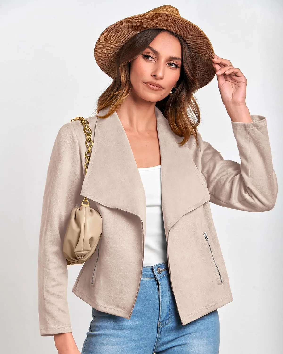 BTFBM Womens Faux Suede Jackets Dressy Spring Summer Clothes 2025 Lapel Long Sleeve Open Front Cropped Outerwear Coats