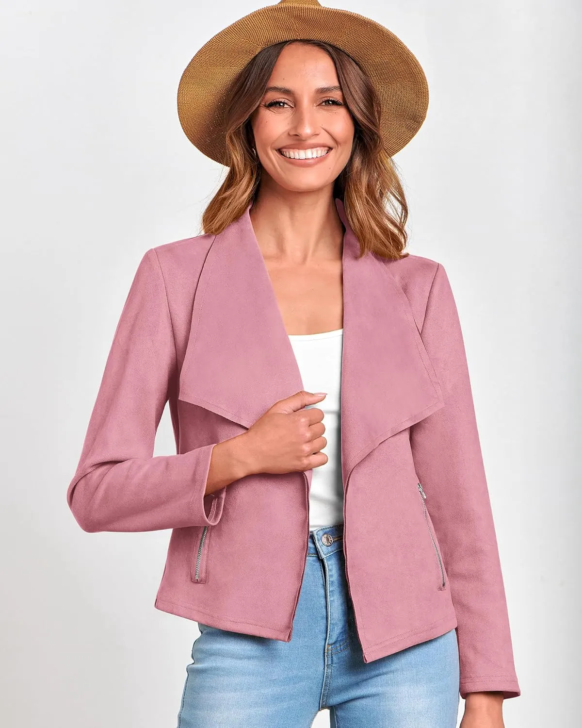 BTFBM Womens Faux Suede Jackets Dressy Spring Summer Clothes 2025 Lapel Long Sleeve Open Front Cropped Outerwear Coats