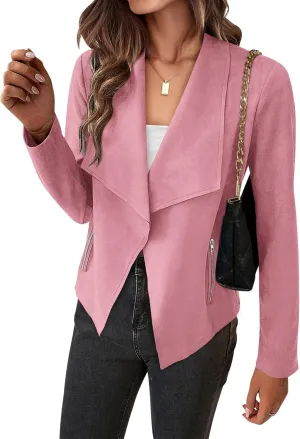 BTFBM Womens Faux Suede Jackets Dressy Spring Summer Clothes 2025 Lapel Long Sleeve Open Front Cropped Outerwear Coats