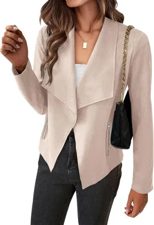 BTFBM Womens Faux Suede Jackets Dressy Spring Summer Clothes 2025 Lapel Long Sleeve Open Front Cropped Outerwear Coats