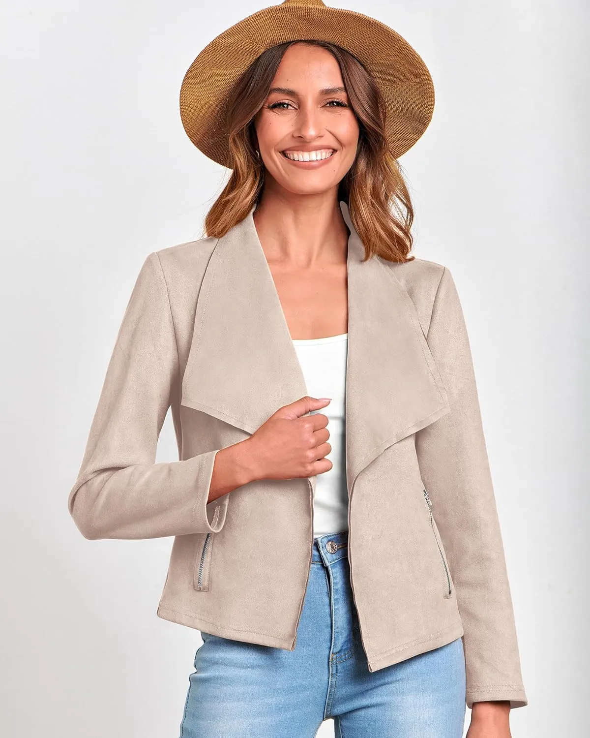 BTFBM Womens Faux Suede Jackets Dressy Spring Summer Clothes 2025 Lapel Long Sleeve Open Front Cropped Outerwear Coats