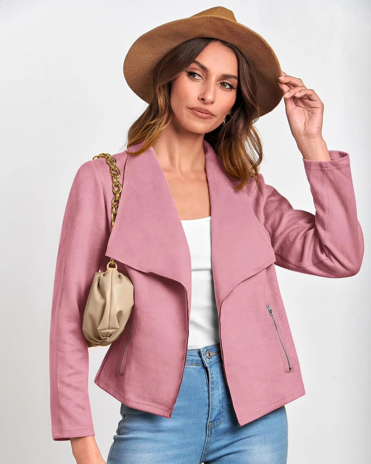 BTFBM Womens Faux Suede Jackets Dressy Spring Summer Clothes 2025 Lapel Long Sleeve Open Front Cropped Outerwear Coats