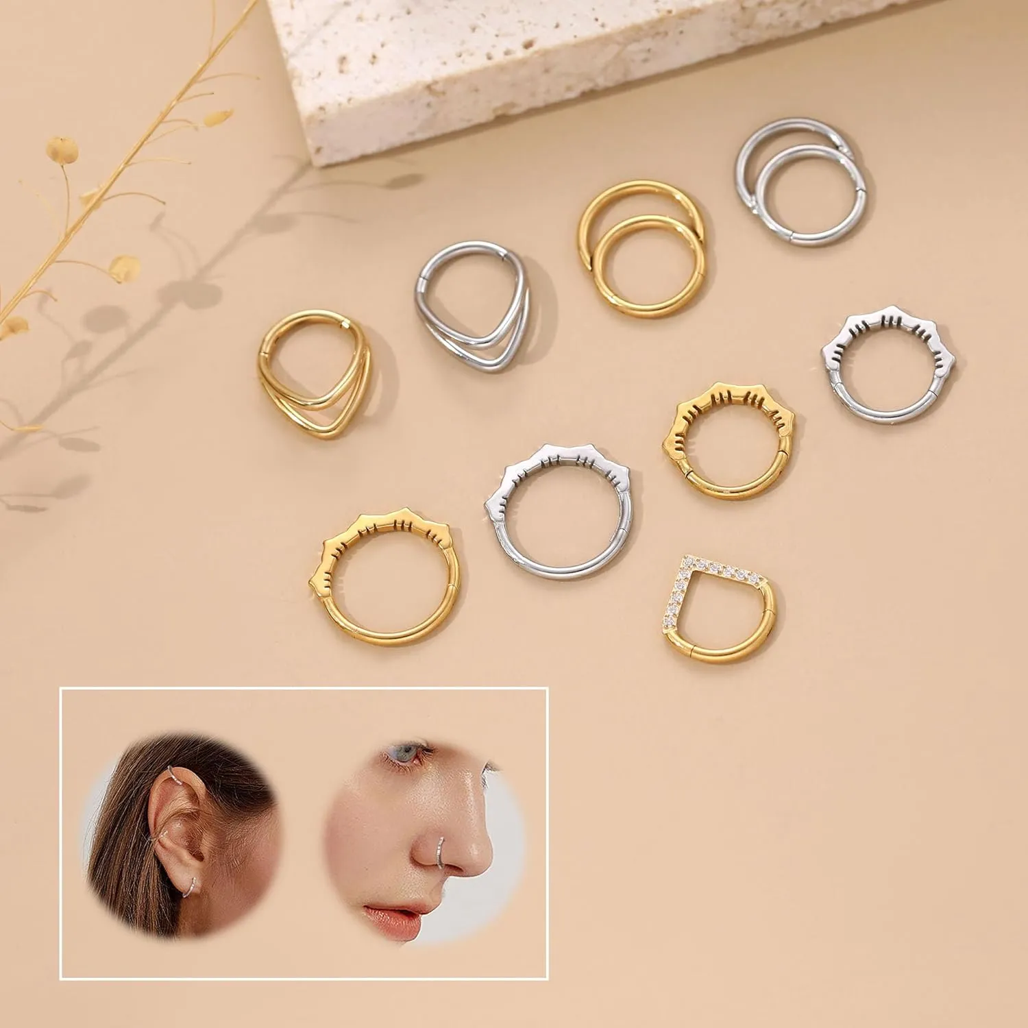 Btysun Nose Rings for Women, Septum Hinged Hoop 16G Nostril Helix Cartilage Earrings, Tragus Rock Conch Lip Daith Piercing Jewelry 8MM 10MM