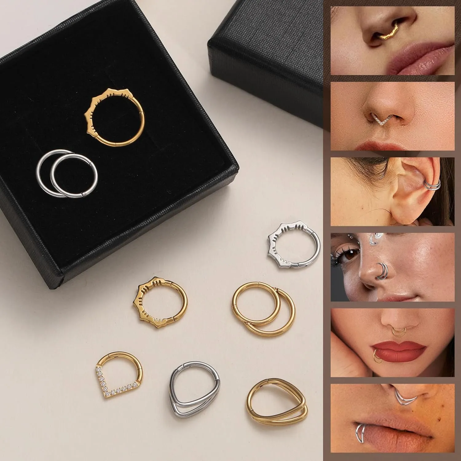 Btysun Nose Rings for Women, Septum Hinged Hoop 16G Nostril Helix Cartilage Earrings, Tragus Rock Conch Lip Daith Piercing Jewelry 8MM 10MM