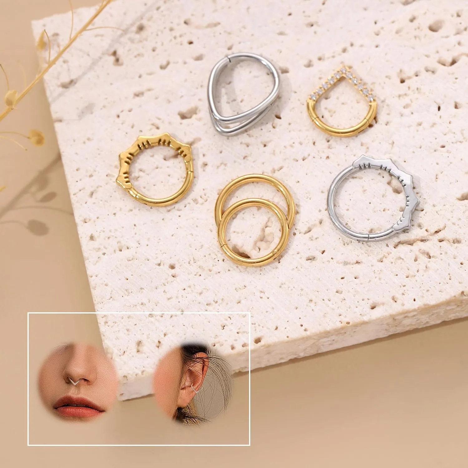 Btysun Nose Rings for Women, Septum Hinged Hoop 16G Nostril Helix Cartilage Earrings, Tragus Rock Conch Lip Daith Piercing Jewelry 8MM 10MM