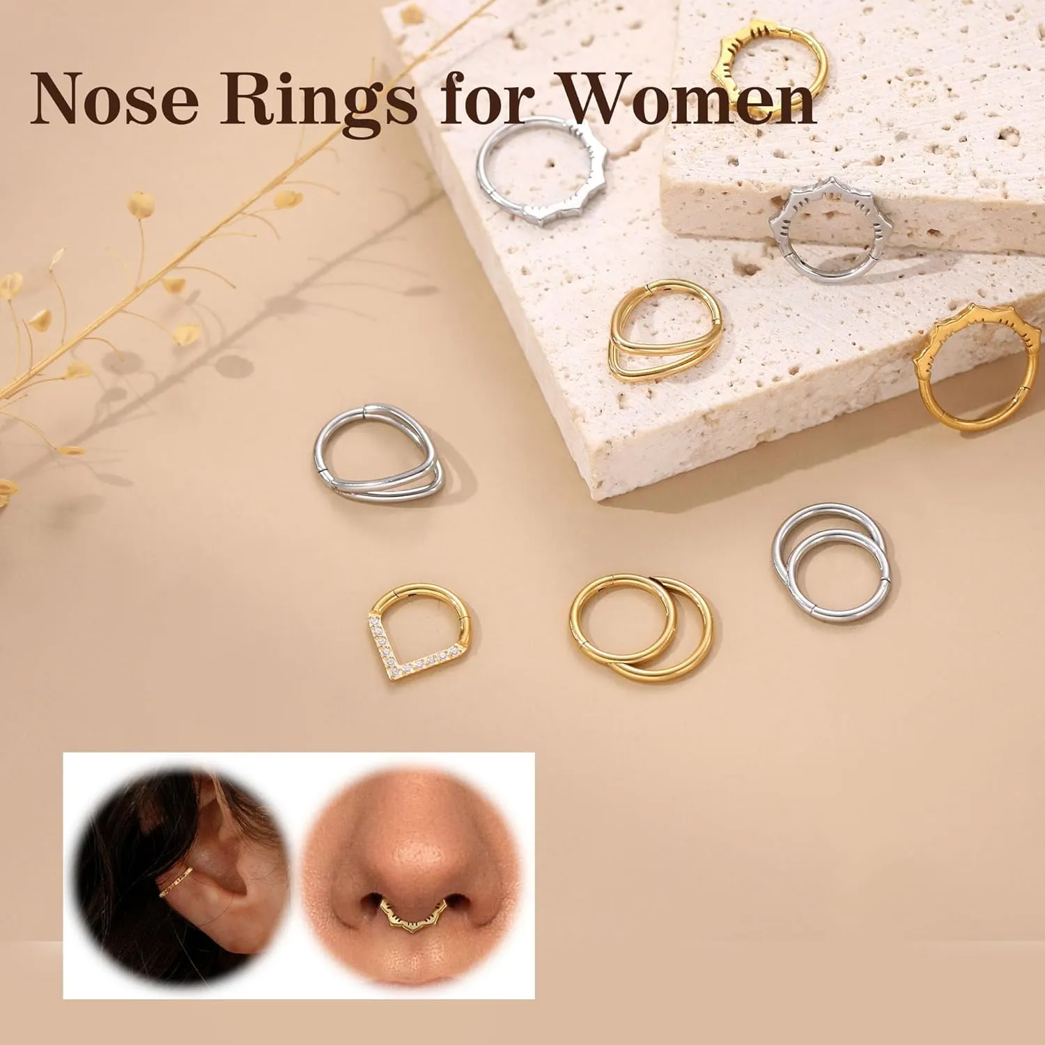 Btysun Nose Rings for Women, Septum Hinged Hoop 16G Nostril Helix Cartilage Earrings, Tragus Rock Conch Lip Daith Piercing Jewelry 8MM 10MM